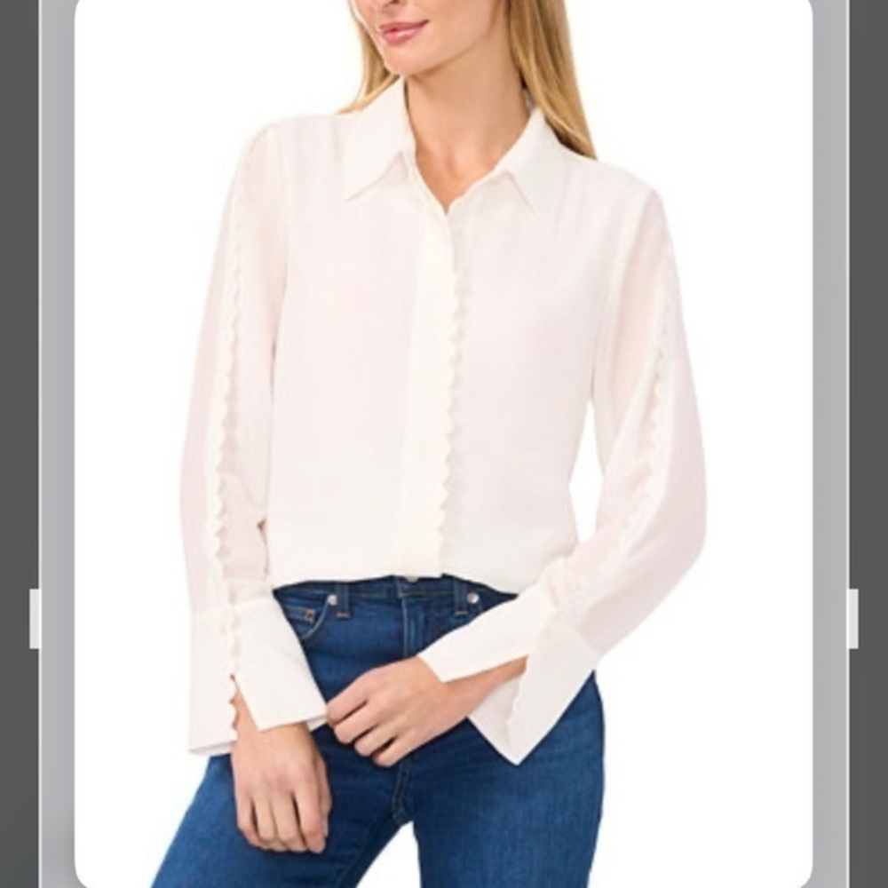CeCe Women's Scalloped-Trim Collared Long-Sleeve Blouse in New Ivory Size S